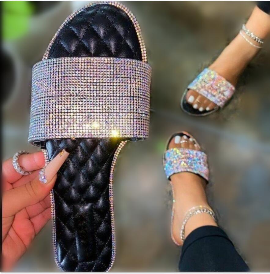 

designer women's shoes flat rhinestones wear women's slippers, Black