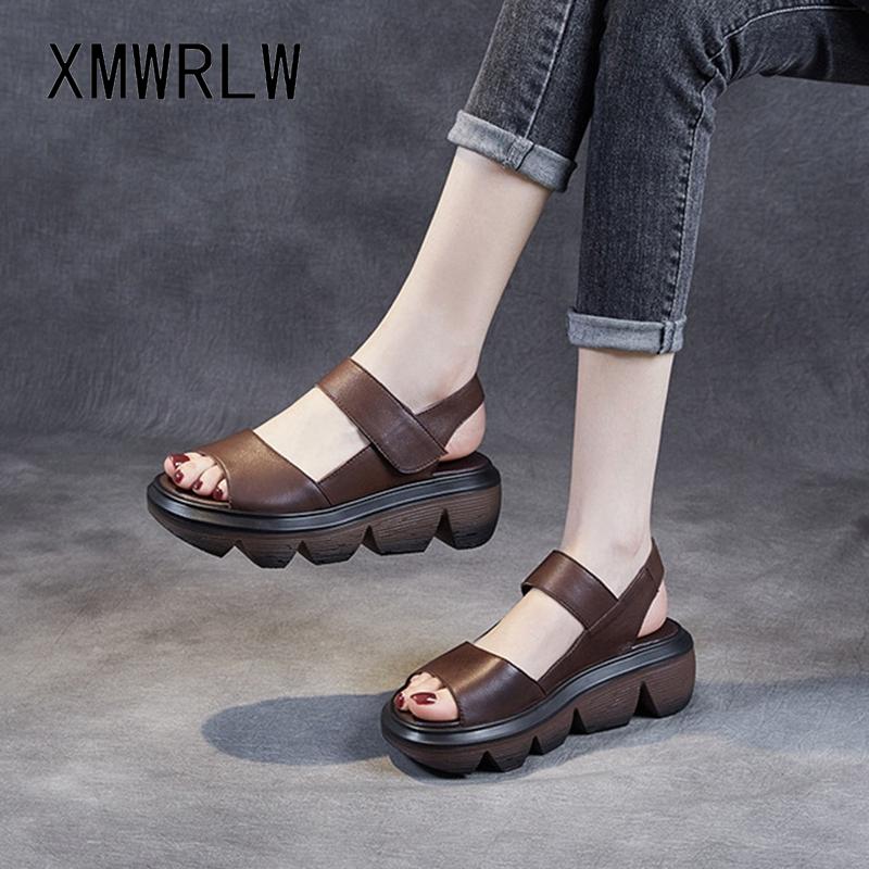 

Sandals XMWRLW Retro Style 2021 Summer Genuine Leather For Women Shoes High Heels Ladies Thick Sole Sandal, Black