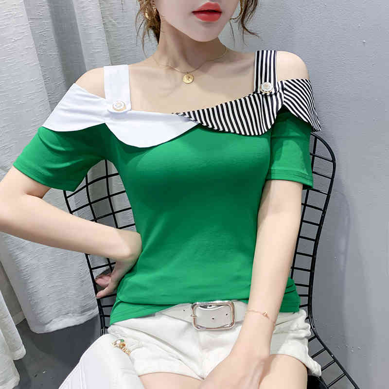 

Women's T-Shirt Summer Ruffles Clothes T-shirt Fashion Sexy Patchwork Off Shoulder Women Tops Ropa Mujer Short Sleeve Cotton Tees, Green tshirt
