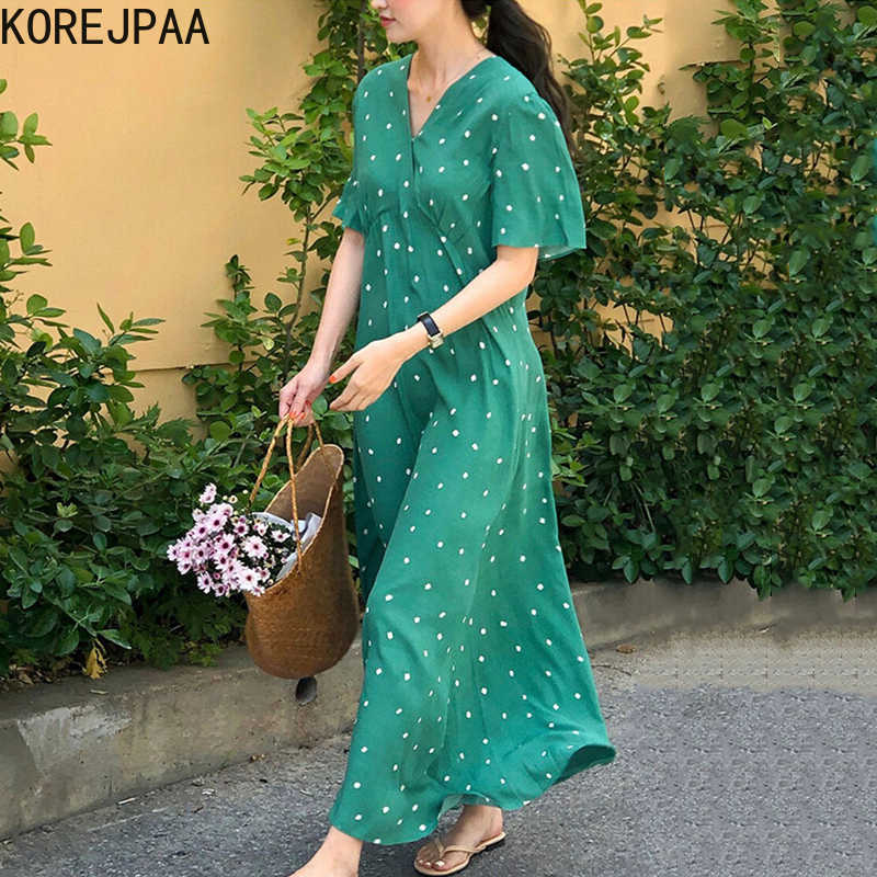 

Korejpaa Women Dress Summer Ladies French Temperament Slim V-Neck Crossover Design High Waist Full Screen Flower Vestidos 210526, Green