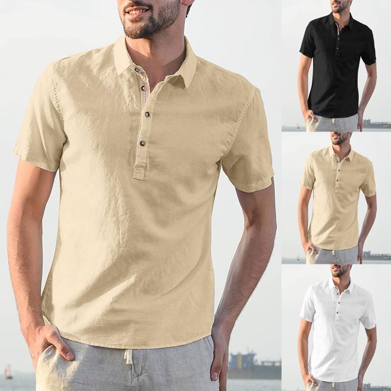 

Men' Casual Shirts 2021 Slim Fit Dress Shirt For Men Vintage Cotton Linen Solid Short Sleeve Button Turn-down Collar Tops Blouse, Black