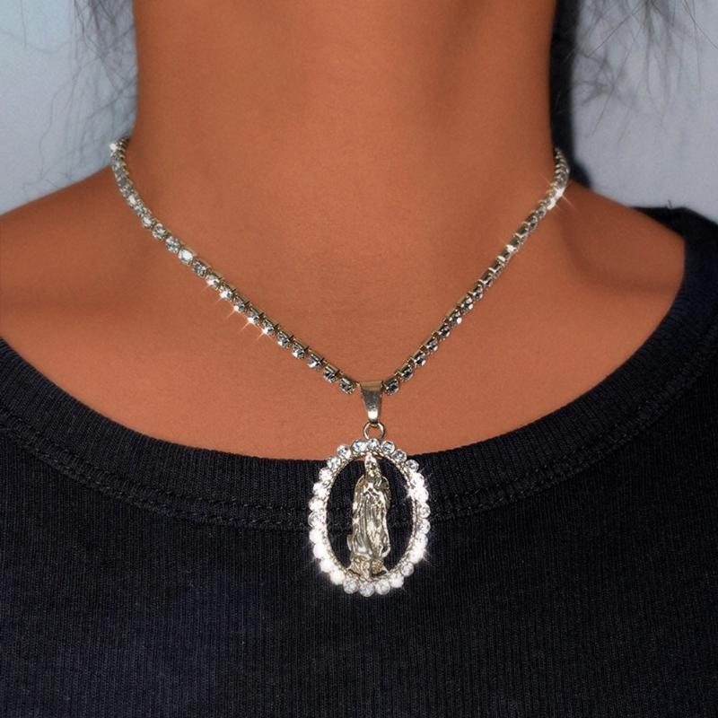 Chains Trendy Portrait Crystal Pendant Necklace For Women Gold Silver Color Virgin Mary Rhinestone Tennis Chain Jewelry-image-703709399