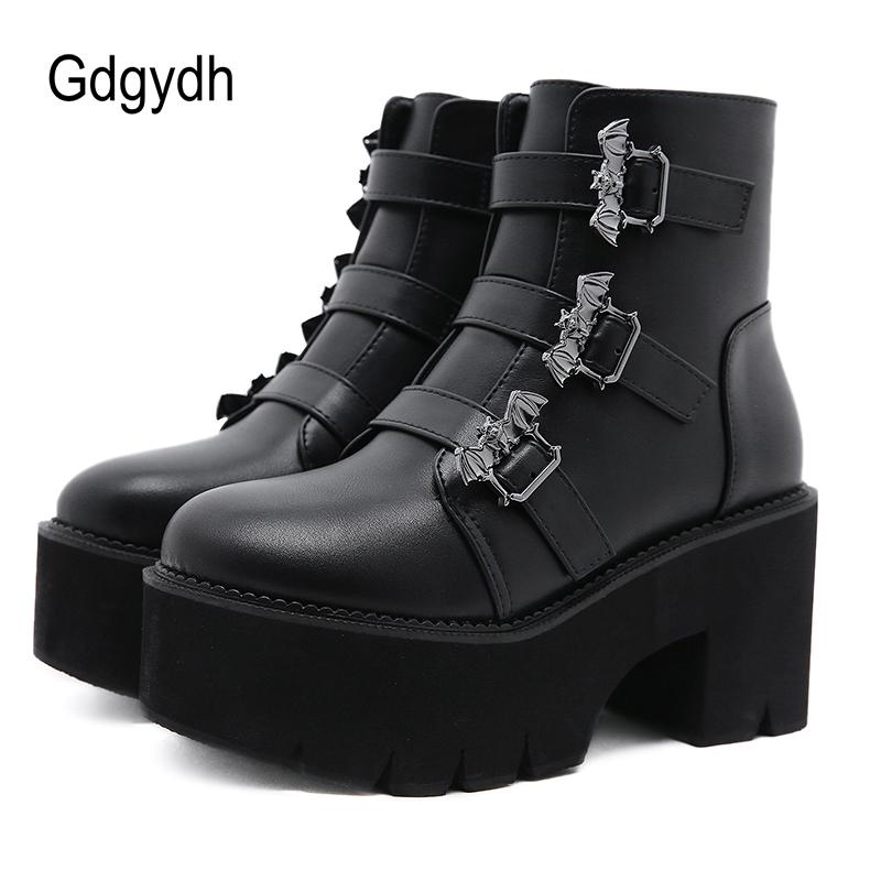 

Boots Gdgydh Metal Decoration Bat Demonia Women Platform Heels Black Gothic Ankle Strap Belt Buckle Ladies Short Plus Size