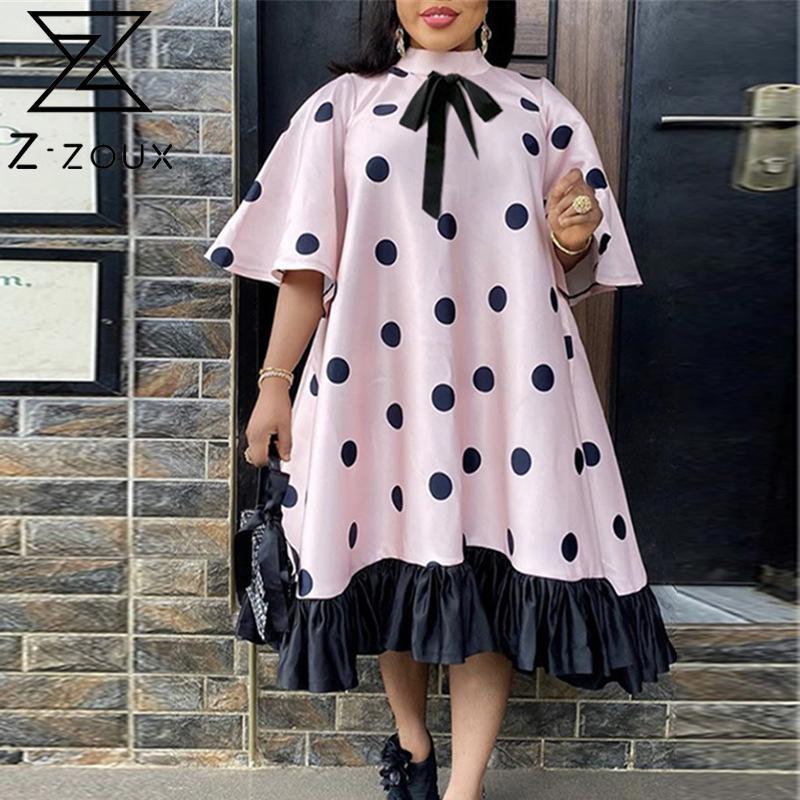 

Women Dress Ruffles Flare Sleeve Dot Dresses Plus Size Vintage Sexy Pink Long Summer Clothes Fashion 210524