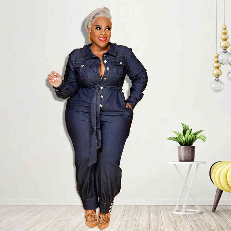 

Autumn Women Long Sleeve Lapel Fashion Casual Single Breasted Solid Color Wash Denim Long Jumpsuit, White