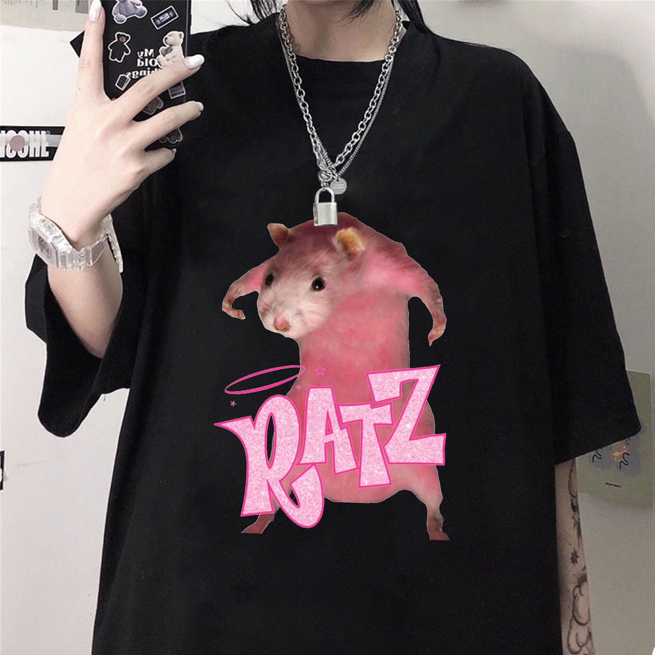 

Harajuku Vintage Crop Tops Women T shirt Short Sleeve RATZ letter anime print tshirts kawaii tee, White