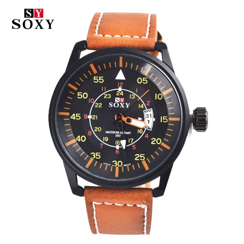

Wristwatches SOXY Military Men's Watches Fashion Sport Male Wristwatch Leather Strap Quartz Clock Auto Date Luminous Relogio Drop, Slivery;brown