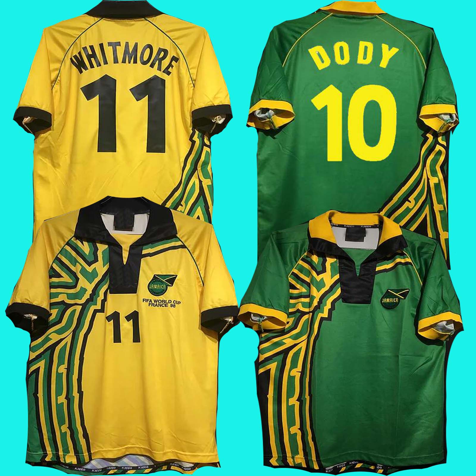 

1998 Jamaica Jerseys home away Reggae Boyz GARDNER SINCLAIR BROWN DAWES SIMPSON CARGILL WHITMORE EARLE POWELL GAYLE WILLIAMS BOYD LOWE BURTON HALL, 1998 away