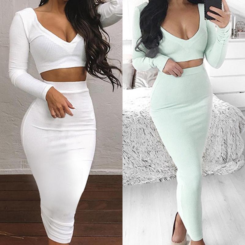 

Two Piece Set V-neck Long Sleeve Crop Top Skirt Party Clothing Sets Outfit1, Gray