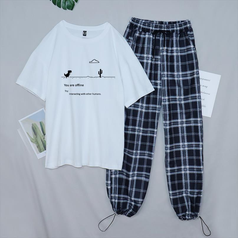 

sweat set track suit plaid womenpant wide leg loose casual outfits girls dinosaur harajuku style t shirts, White