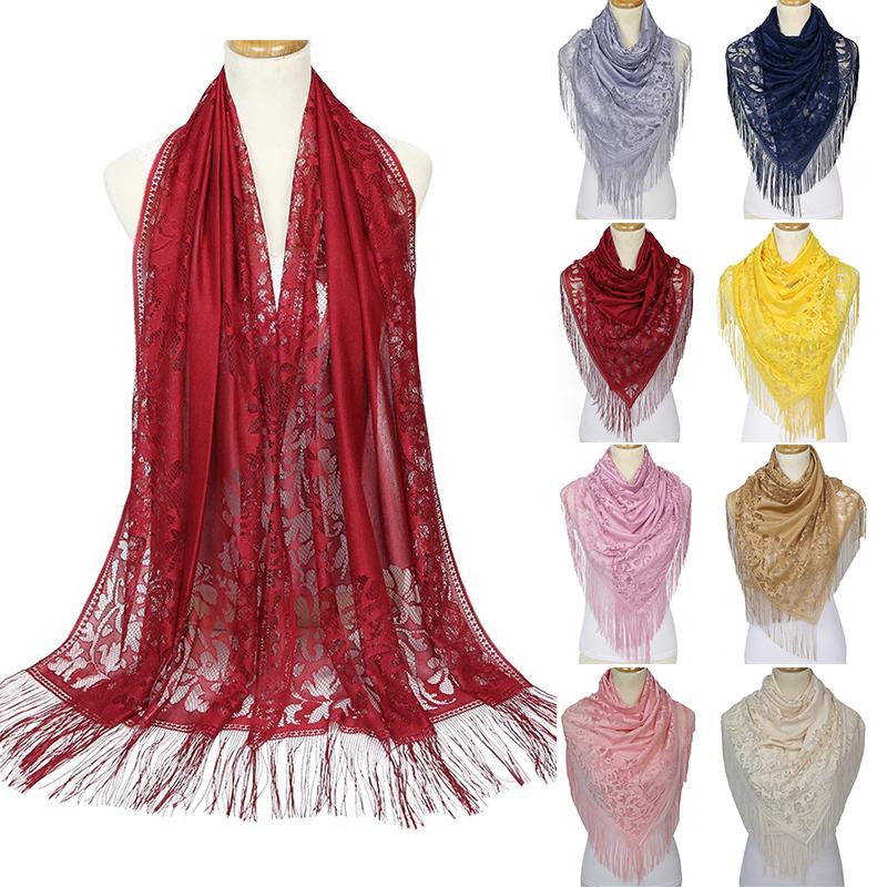 

Scarves Lace Solid Color Muslim Hijab Thin Tassel Turban Shawls Scarf For Woman Elegant Luxury Hollow Long Shawl Wrap