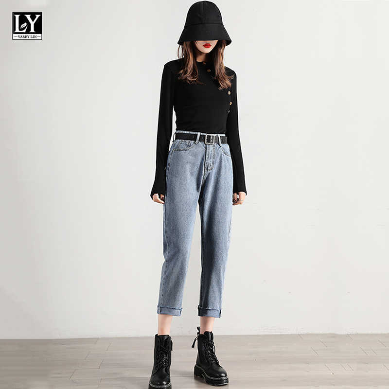 

LY VAREY LIN Spring Summer Women Jeans Loose High Waist Wide Leg Pants Lady Straight Ankle-length with Belt 210526, Dark blue