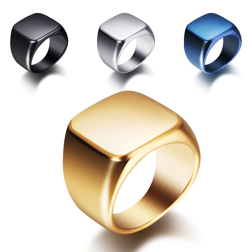 Simple Design Gold Stainless Steel Signet Custom Logo Engraved Ring-image-720383300
