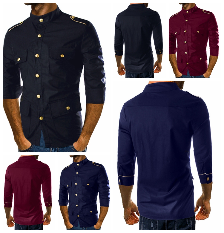

Men's Casual Shirts Mannequin Gold Metal Epaulets Decorated Three-quarter Sleeve Men's Shirt Solid Color, Navy blue