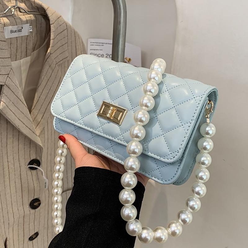 

Lattice Crossbody Bag 2021 High-quality PU Leather Women's Designer Handbag Pearl Strap Shoulder Messenger Cross Body, White