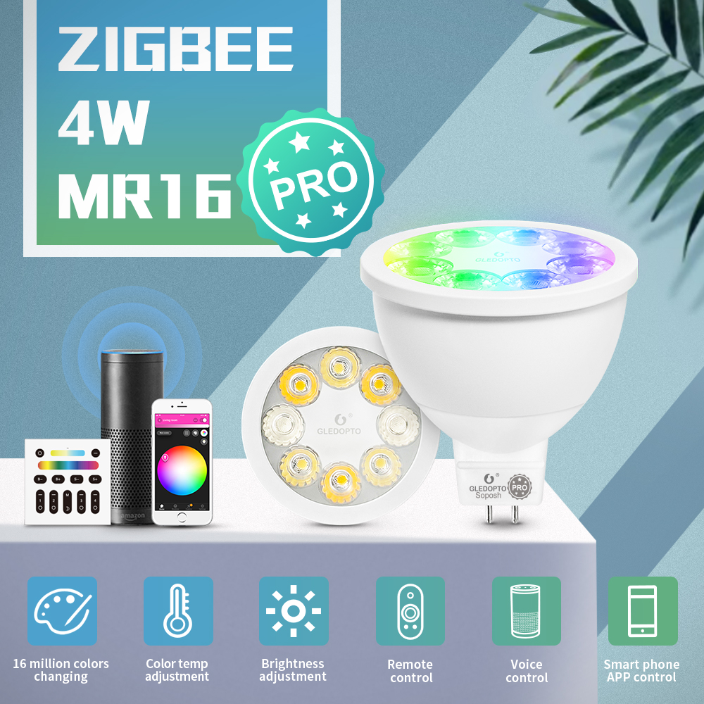 

GLEDOPTO Smart ZigBee 3.0 4W RGBCCT MR16 Spotlight Pro Bulb 25 Degree Beam Angle Work with Alexa Echo Plus APP/Voice/RF control