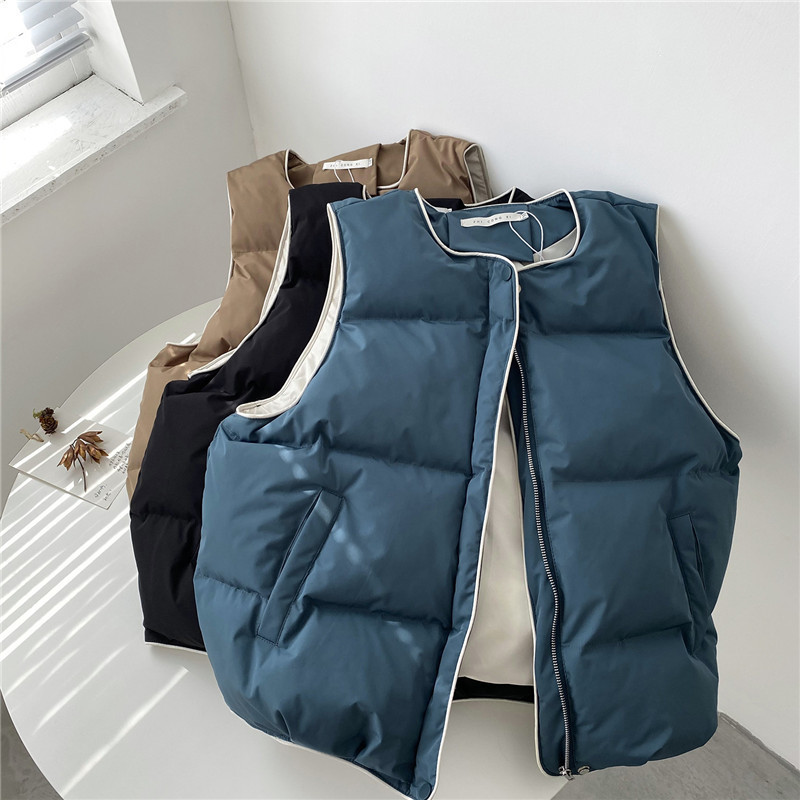 

Fashion Autumn Winter Sleeveless Down Cotton Padded Jacket Women Casual Oversized Warm Pure Color Short Coat Vest 210520, Black