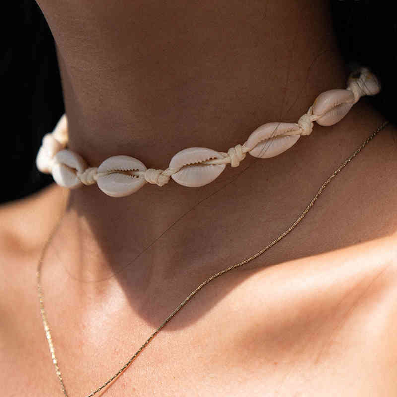 

Fashion Black Rope Chain Natural Seashell Choker Necklace Collar Necklace Shell Choker Necklaces for Summer Beach Gifts collares Y0309