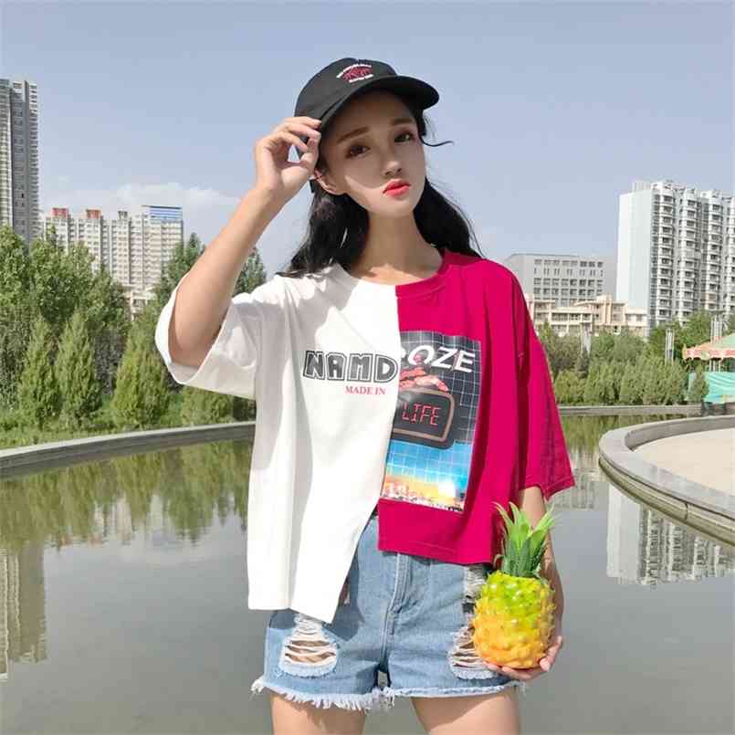 

Summer Fashion Patchwork Halajuku Loose Casual Irregular Short Sleeve Fesmale T-shirts 210708, Black