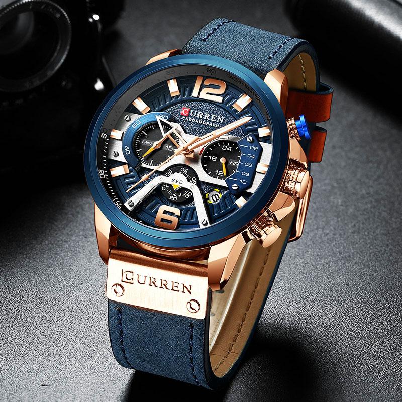 

Men Chronograph Male Top Quartz Watch Leather Waterproof Sport Relogio Masculino Wristwatches, Blue