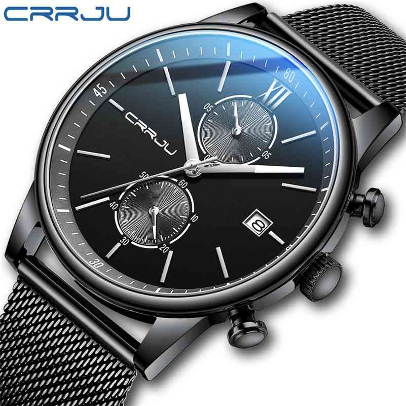 

Watch Men's CRRJU Men Fashion Business Quartz Wristwatches Blue Sport Waterproof Clock Stainless Steel Wrist Watch for Male 210517, Silver black