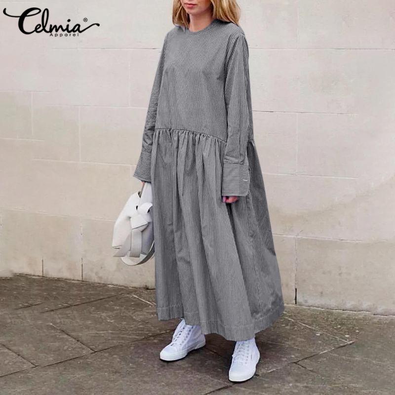 

Celmia Fashion Women Long Dress 2021 Autumn Sleeve Vintage Striped Female Casual Loose Pleated Party Maxi Vestidos Dresses, Black;gray