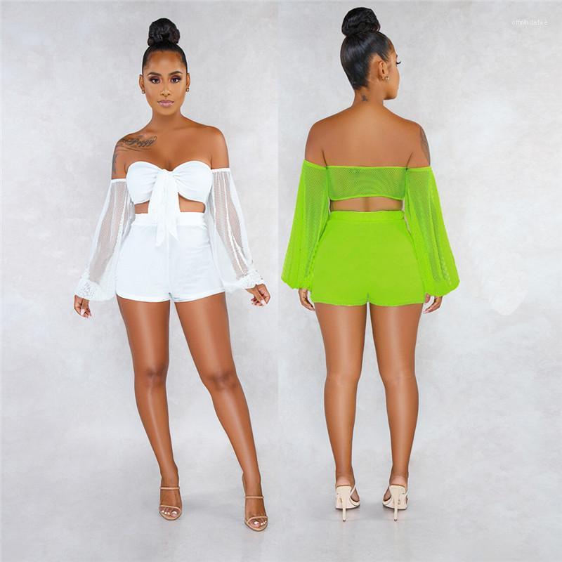 

Piece Womens Shorts Sets Solid Color Long Sleeve Sheer High Waist Womens 2PCS Sets Sexy Perspective Two, White