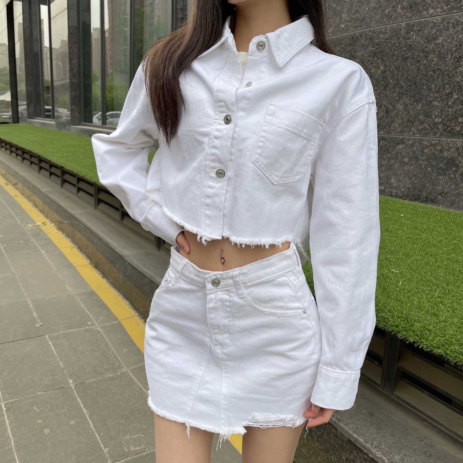 

Two piece set Women Denim Crop Jacket & Mini Skirt Summer Fashion Casual 2 piece set Women Outfit ensemble femme 210709