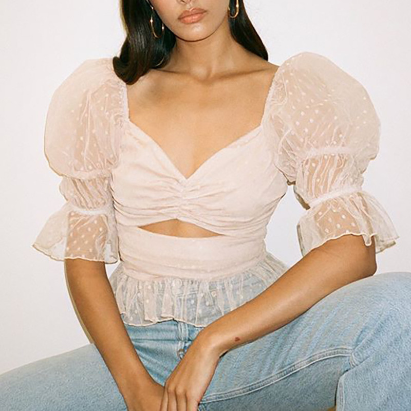 

Summer Fashion Streetwear Patchwork V Neck Polka Dot Mesh Wrapped Chest Short Sleeve Slim Navel Top Women SE383 210525, Beige