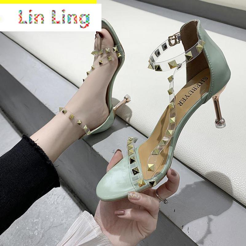 

Ladies Summer High Heels Stiletto Buckle Strap Gladiator Sandals Peep Toe Shoes Women Party Rivet Zapatos Mujer Sandalia Dress, Black