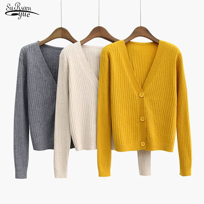 

Autumn Long Sleeve V-neck Women Sweater Korean Knit Cardigan Thick Sweaters Loose Coat Office Lady Clothes 10923 210521, Black