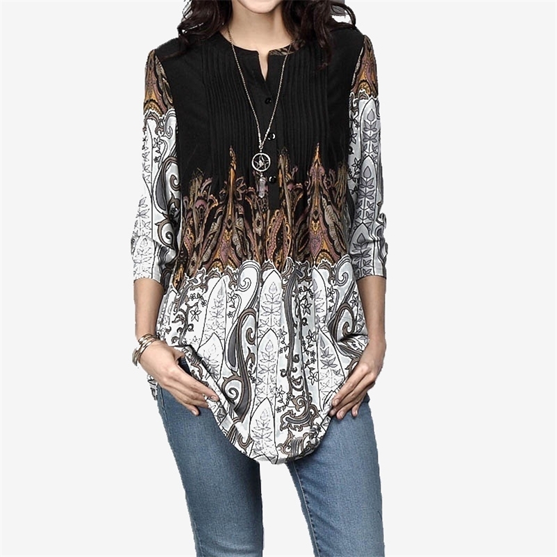 

Floral Print Women's Tunics Blouses Spring 3/4 Sleeve O-Neck Pleated Female Blouse Summer Vintage Casual Ladies Tunic Tops 210524, Purple