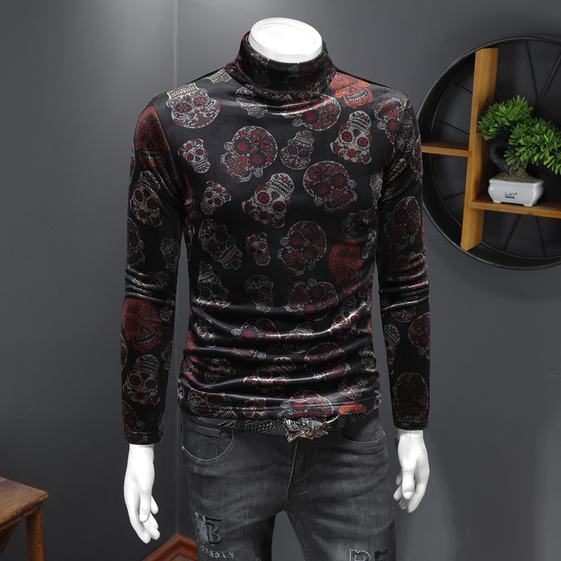

2023 autumn and winter new tops skull print men's long-sleeved T-shirt thickened cotton warm casual fashion round neck bottoming shirt, Black