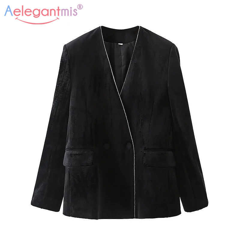 

Aelegantmis V Neck Faux Fur Blazer Coats Women Warm Black Soft Loose Fluffy Solid Casual Outerwear Korean Chic Streetwear 210607