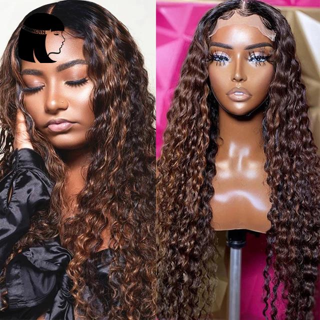 

Lace Wigs Changjin Highlight 13X4 Front For Women Brown Color Kinky Curly 4x4 Closure Human Hair With Baby, Black;brown