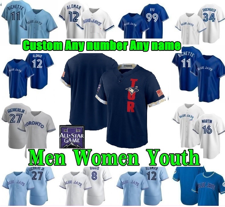 

2021 Custom Men Women Youth Toronto Jersey Vladimir Guerrero Jr. Cavan Biggio Hyun-Jin Ryu Yamaguchi Randal Grichuk Drury Hernandez George Springer, As shown in illustration