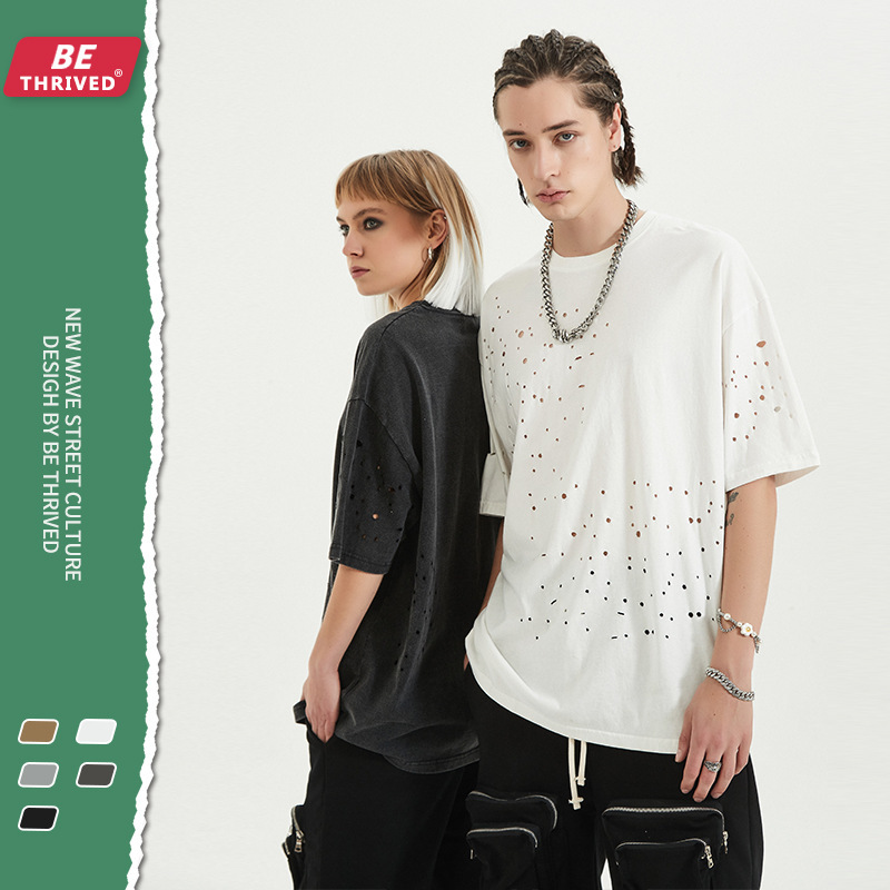 

be men's wear | 2021 summer irregular handmade hole washing old short sve street fashion brand high street t-shirt, White;black