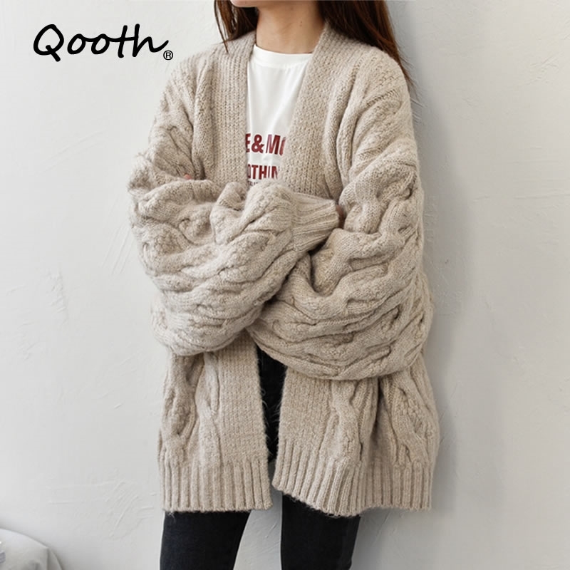 

Qooth Winter Thickness Elegant Regular Cardigan Women Full Sleeve Sweater Office Loose Ins Style Women Clothes Coats QT240 210518, Beige