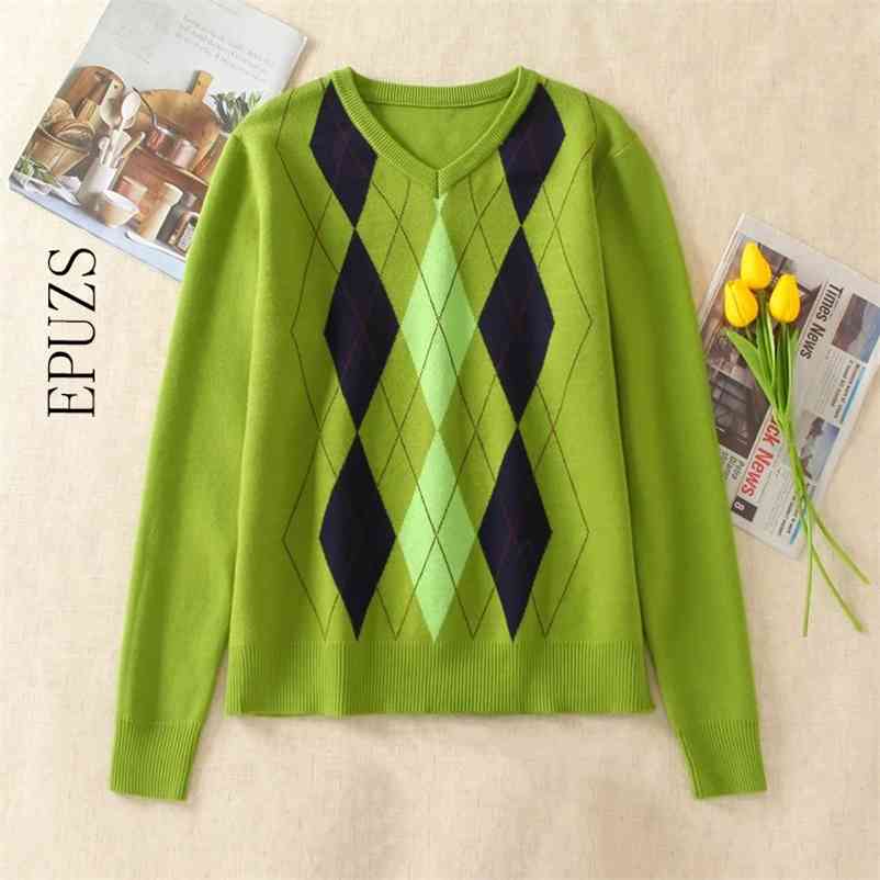 

Vintage green plaid sweater women pullover casual O-Neck Long Sleeve knitted winter cute korean 210521