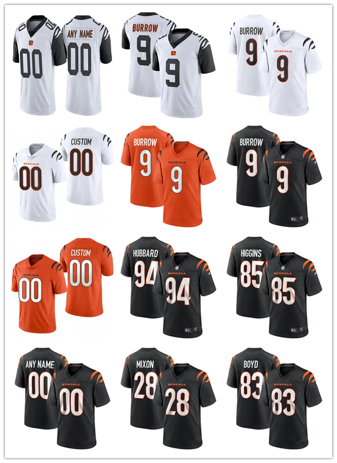 

custom Men Women Youth Cincinnati Bengals 9 Joe Burrow 28 Mixon 83 Tyler Boyd 85 Tee Higgins 94 Sam Hubbard Football Jerseys, Black;red
