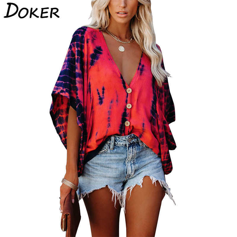 

Deep V Neck Single Breasted Tie Dye Printed Bat Sleeve Women Shirt Casual Loose Plus Size Streetwear Female Tops 210604, Purple