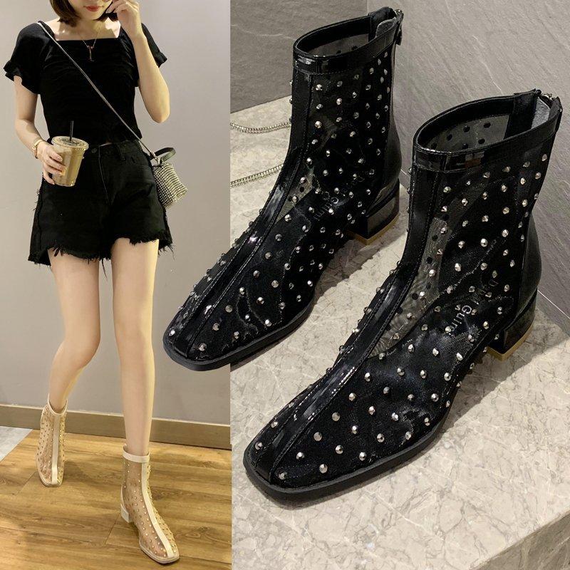 

Autumn Square Mesh Rhinestone Single Shoe Female Fashion Hollow-out Thick Heel Zipper Boot X507 Dress Shoes, Black