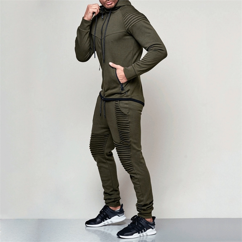 

2 Piece Set Men Fashion Tracksuit Zipper Running Hoodies Sweat Suits Men's Drawstring Pullover Outfit Workout Streetwear 210722, Navy