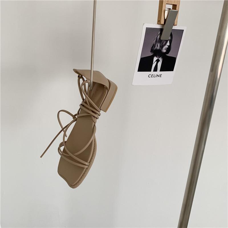 

Sandals Thick Heel Women's Summer 2021 Open Toe Flat Bottom Lace Up Bag Comfortable Korean Roman Shoes, Black