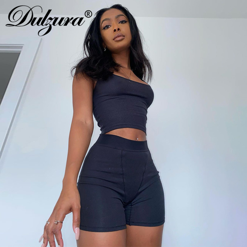 

ribbed knitted women 2 pieces crop tanks biker shorts set patchwork tracksuit streetwear sporty 2021 summer outfithigh quality, Black;gray