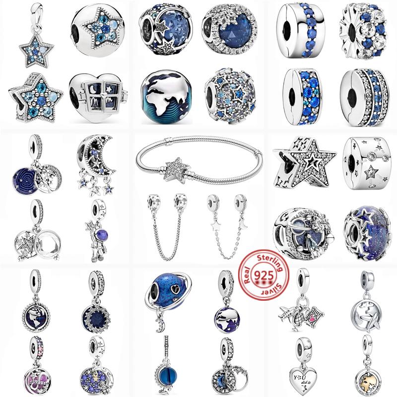 

Other 100% 925 Sterling Silver Blue Earth Stars Moons Sparkling Pavé Clip Beads Fit Original Charms Bracelet Women DIY Jewelry