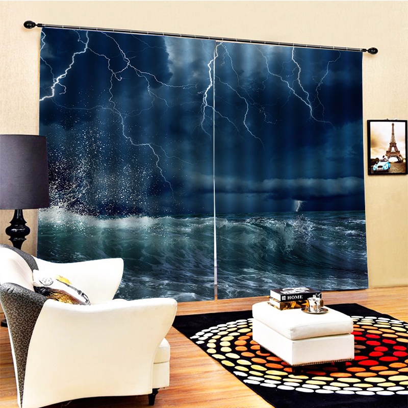 

High quality custom 3d curtain fabric Printing Blockout Polyester 3d landscape curtains, Blue