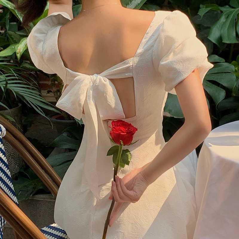 

White Elegant Midi Dres Backless Designer French Casual Office Lady Party Korean Summer 210604, White dress