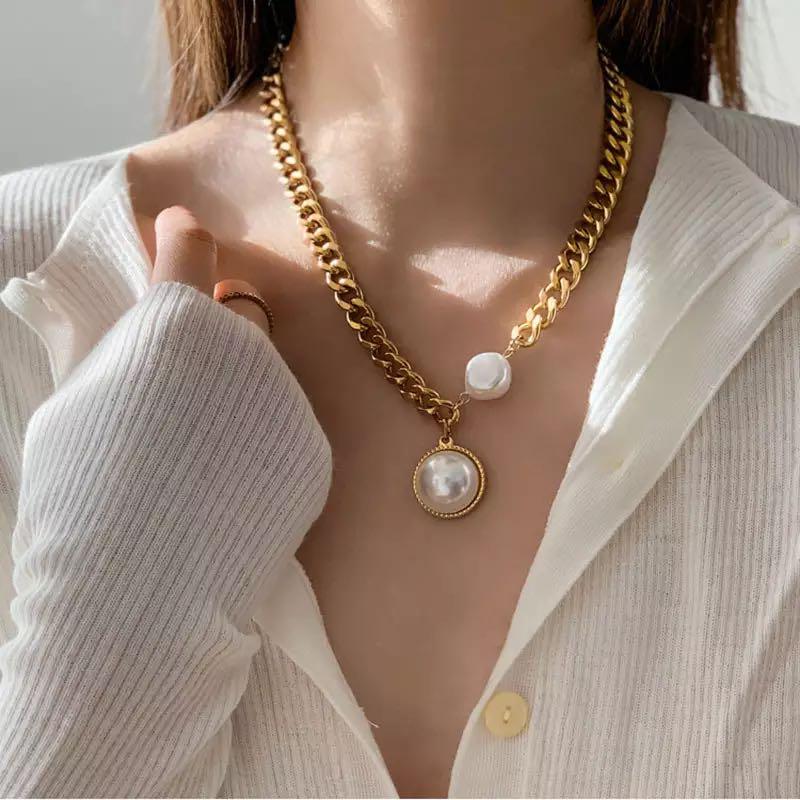 

Pendant Necklaces King Shiny Hip Hop Imitation Pearl Necklace Trendy Gold Color Geometric Round Heart Choker Girls Party Jewelry