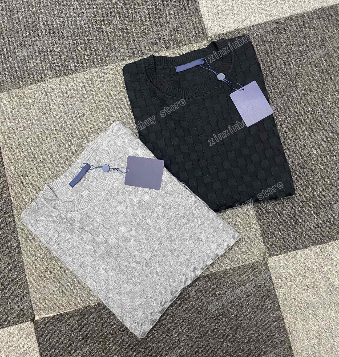 

21ss Designers Sweaters luxury Mens Womens lattice jacquard letter Leather label Paris Fashion Top Quality Tees Street long Sleeve luxurys gray black M-XXL